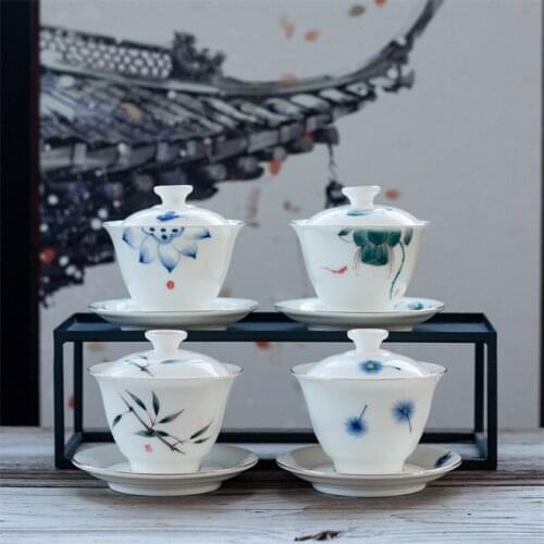 Ceramic Hand-painted Lotus Jade Tea Bowl with Cover and Saucer Tea Set Creative White Porcelain Kung Fu Gaiwan Simple Drinkware