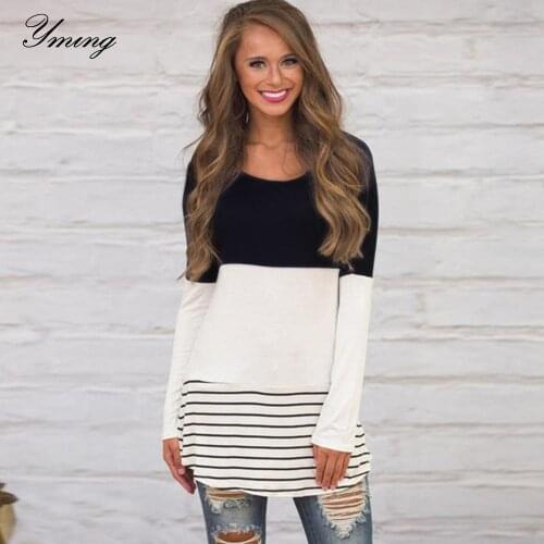 YMING Fashion Long Blouse Women Patchwork Lace Shirts Striped Print Tops Long Sleeve Female Blusas Elegant White Tunic Shirts