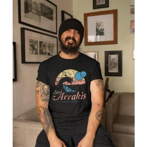 Men T-Shirt Visit Arrakis Vintage Distressed Surf Dune Sci Fi Vintage Tees Sandworm Fiction T Shirts Crew Neck Tops New Arrival