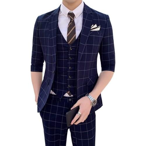 2021 Spring Summer Men Slim Plaid Suit Blazer Vest Pants Fashion Trend Wedding Half Sleeve Three Piece Suit Set Jacket Trousers
