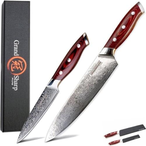 Damascus Knife Set 2Pcs Damascus Japanese Steel VG10 Chef Utility Knives Cooking Kitchen Chef Knives with Gift Box GRANDSHARP