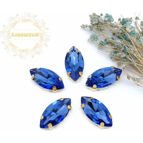 New product Horse eye Light Sapphire Crystal Glass Sewing Rhinestones with gold Claw DIY Wedding Dresses