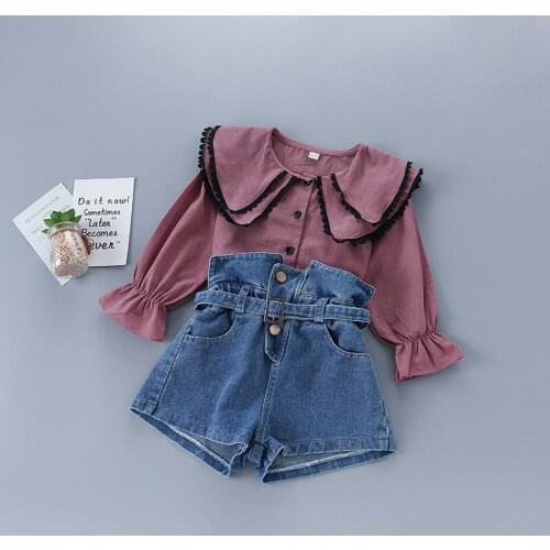 2-7 years high quality girl clothing set 2020 new autumn fashion casual solid shirt + denim pant kid children clothing