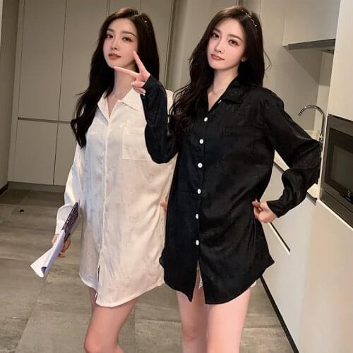 Sexy Silk Satin Long Sleeve Mini Dress Nightgowns Women 2021 Spring Summer Korean Print Night Dress Sleepwear Nightdress Nighty