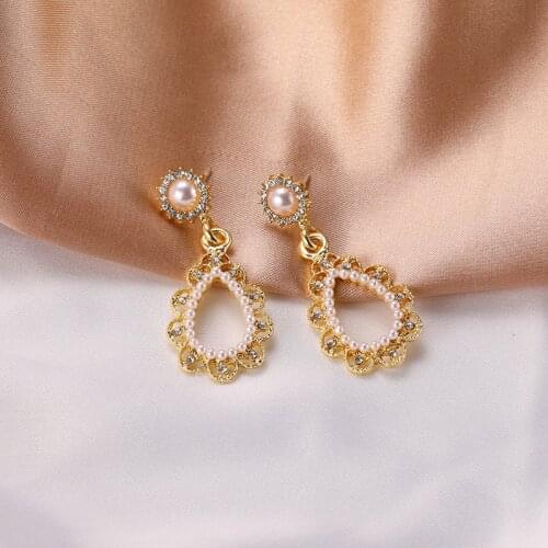 Baroque Drop Earring Champagne Pearl Filigree Rhinestone Hollow Water Drop Ear Jewelry Vintage Retro Jewelry