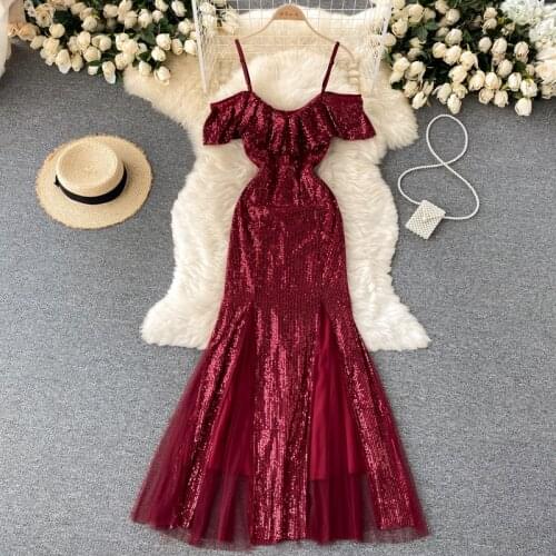 SINGREINY Women Shiny Sequins Strap Dress Elegant Sexy Off Shoulder Party Dresses Summer Fashion Streetwear Long Mermaid Dress