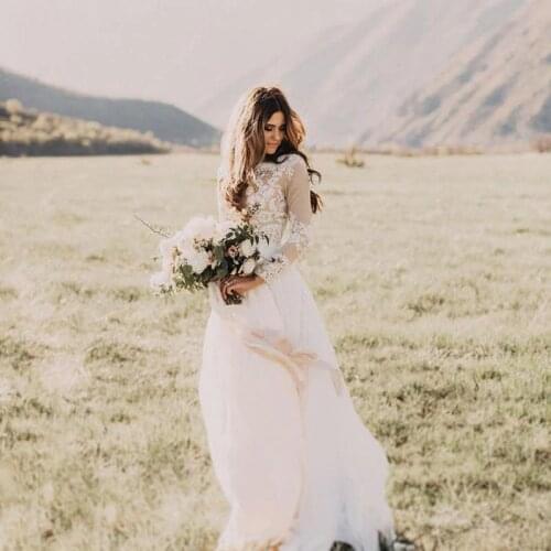 LORIE Boho Long Sleeve Wedding Dress 2019 Robe de mariee Vintage Lace Top New Bridal Dress Puffy Chiffon Wedding Dresses