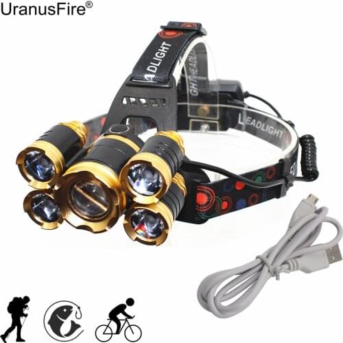 USB Rechargeable Headlamp 5 LED Zoomable Headlight Zoom Head Lamp 1* T6 + 4* XPE Hunting Lamp Fishing Bike Light with USB Cable
