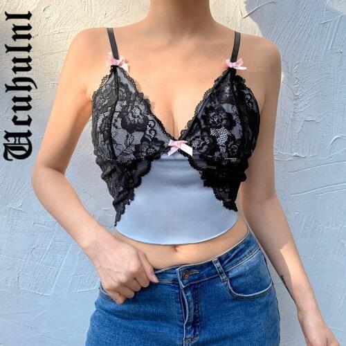 Ucuhulnl Vintage Y2k E-girl Sexy Camis Women Lace Patchwork Bow Strapless V-neck Slim Crop Tank Tops Goth Punk Street Vest