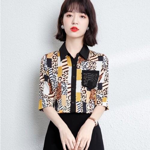 Fashin Women Pocket Shirts Short Sleeve Stand-Up Collar Leopard Vintage Temperament Blouses Summer Loose Blusas Tops MM0749