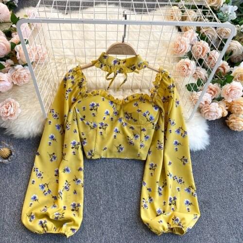 2021 New Sexy Women Tops Gothic Floral Print Elegant Chiffon Blouse Shirts Long Sleeve Lady Crop Tops Clothing