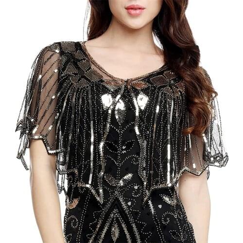 Womens 1920s Shawl Wraps Beaded Sequin Deco Wedding Evening Cape Bridal Shawl Capelet Shrug Bolero Flapper Cover Up