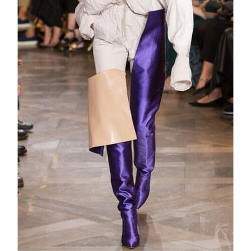 NEW Woman Extreme Long Waist High Boots Fluorescence Color Satin Silk Stiletto High Heel Pointed toe Slip on Stage Booties Shoes