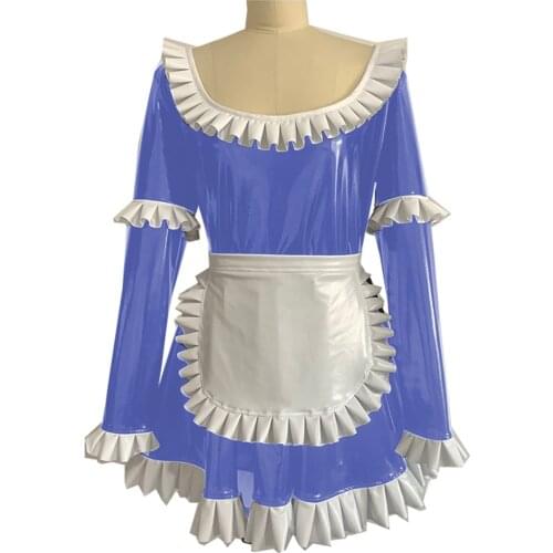 Women Cosplay Role Play Costumes Patent Leather Sexy Dress Crew neck Lotus Sweet Classic Lolita dress Fancy Apron Maid Dresses