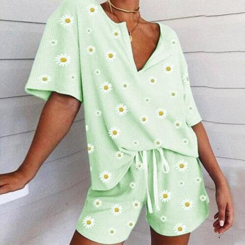 Womens Pajamas Set Summer Daisy Printed Short Sleeve And Shorts Sleepwear Female Casual Ladies Homewear