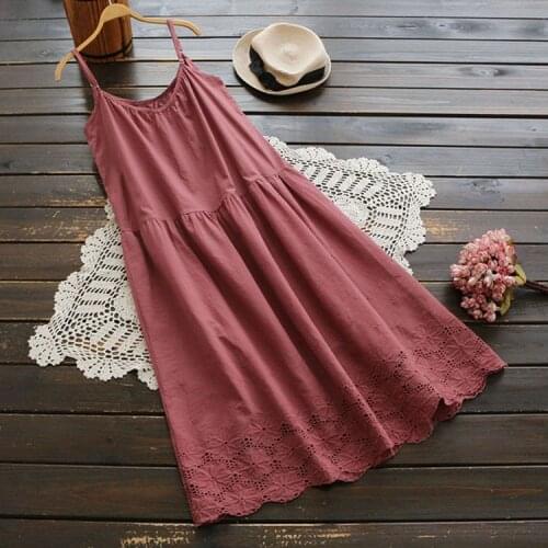 4185 Big Size Summer Women Dress Sweet Japan Style Solid Cotton Flower Embroidery O-Neck Sling Female Casual Midi Dress
