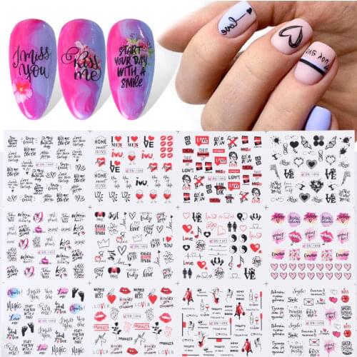 12pcs Nail Art Sticker Flowers Love Red Lips Water Stickers Transfer Decals Set Slider Tattoo Foil Manicure Decoration
