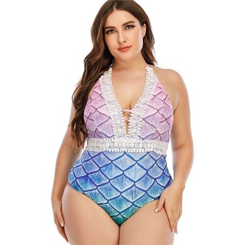2021 Womens Mermaid Swimwear One Piece Deep-V Swimsuit Female Lace Big Bodysuit Sexy Large Monokini Ladies Plus Size 5XL Bikini