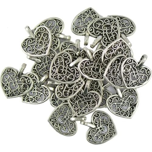 50 Pcs DIY Filigree Hearts Hollow Cut Charms Pendant Findings Tibetan Silver