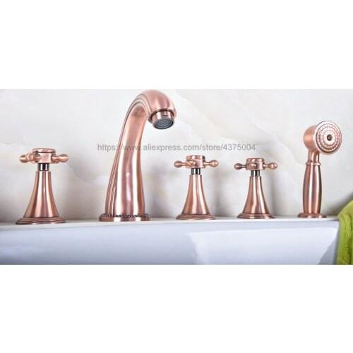 Antique Red Copper Bathroom Tub Sink Faucet with Hand Shower Deck Mounted 5 Holes Three Cross Handles Bathtub Taps Ntf199
