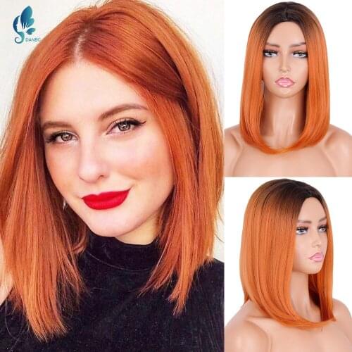 DAN BO black and orange dyed straight collarbone hair, Bob head female synthetic wig