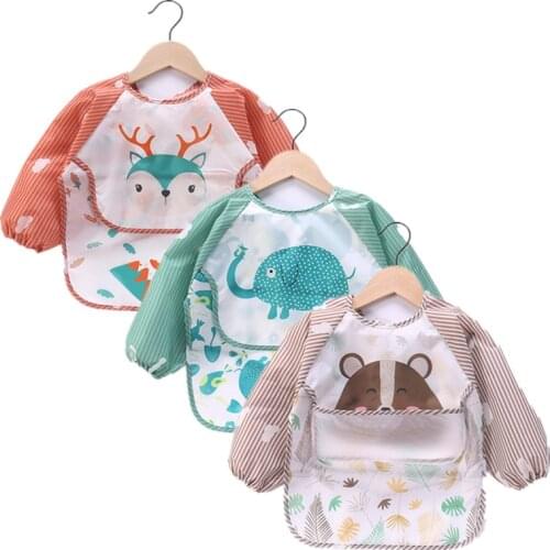 Baby Kids Toddler Long Sleeve Scarf Waterproof Art Smock Feeding Bib Apron Pocket Infant Boys Girls Burp Cloth Banana Bibs