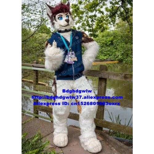 Long Fur Furry Brown White Wolf Husky Dog Fox Fursuit Mascot Costume Adult Cartoon Character Farewell Party Group Photo zx2892