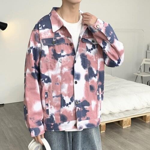 Spring Ins Tie-dye Tooling Denim Jacket Male Korean Version of The Trend Couple Harajuku Style Loose Top Jacket Men Jean Jacket