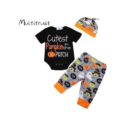 3Pcs Clothes Suit !! Set Newborn Baby Boy Girl Halloween Clothes Black Bodysuit +Pants +Hat Outfits