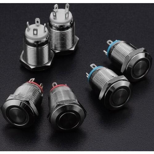 Metal Push Button Switch 12V/24V LED Power Push Button Flat Head Car Aluminum Self-reset Switch for Car Start Horn Speaker Bell
