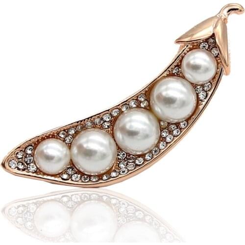Fashion Women Imitation Pearl Long Bean Brooch Pins Simple Lucky Jewelry Shining Gold Color Feminist Clothing Lapel Accessories