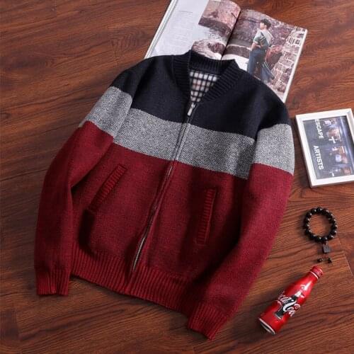 2021Winter New Mens Jacket Slim Fit Stand Collar Zipper Mens Striped Patchwork Slim Sweaters Thick Warm Jacket Men Sweater