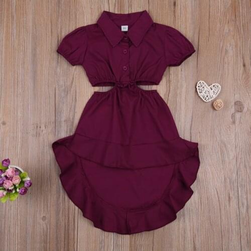 Girl’s Solid Color Shirt Dress Short Sleeve Shirt Top Hollowed Waist Asymmetrical Hem Skirt for Summer 1-6 Years