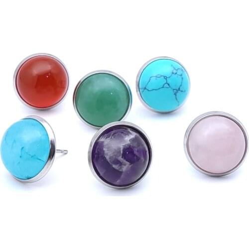 Wholesale 12mm Cabochon Stainless steel Stone Stud Earrings Tiger Eye Opal Pink Crystal Adjustable earing for Women Girl Jewelry