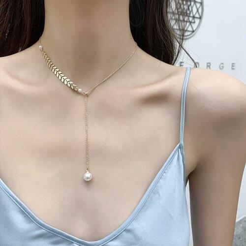 Trendy Charm Long Tassel Leaf Pearl Jewelry Necklace For Women Adjustable Gold Color Clavicle Chain Choker Lady Party Collar
