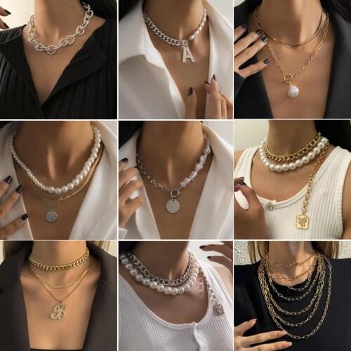 Punk Hiphop Cuban Thick Chain Choker Necklace Sets for Women Fashion Pearl Coin Pendant Necklaces Jewelry