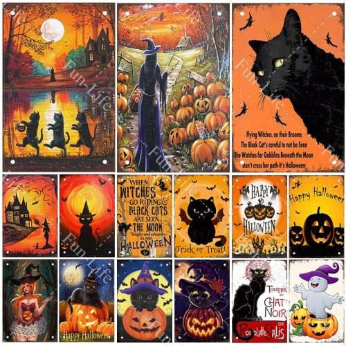 Halloween Party Poster Black Cat Happy Halloween Vintage Metal Signs Bar Pub Cafe Home Decor Pumpkin Metal Tin Plaque 20x30 cm