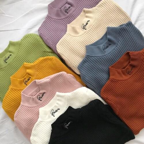 High street style autumn and winter new womens bottoming warm embroidery simple letters high elastic knit soft pullover sweater