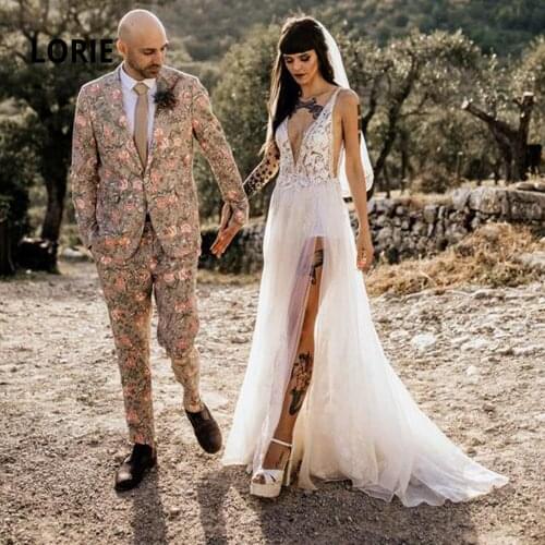 LORIE Sexy V-neck Beach Wedding Dresses 2020 Soft Tulle Lace A-line Boho Bridal Gowns with Split Backless Bride Dresses Romantic