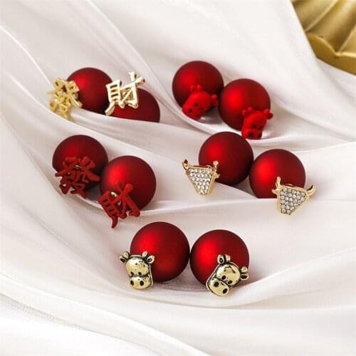 Chinese New Year Cow Double-sided Pearls Stud Earrings Women Red Calf Cattle Head Ear Studs Earrings Metal Animal Earring Female