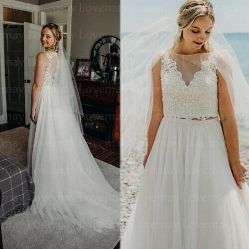 2 Pieces Wedding Dresses 2020 A line Country Style Scoop Lace Appliques Bridal Gowns Beach Bride Dress Vestidos De Novia Button