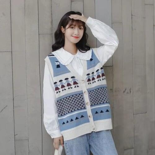 Spring Autumn Fashion Womens Cardigans Vest Sweet Cartoon Pattern Single Breasted Design Preppy Style Korean Ladies Vest Loose