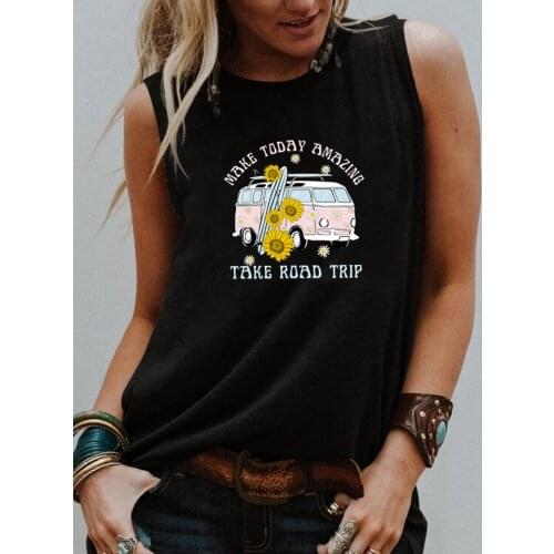 Make today amazing Take road trip Tank top Floral Car Graphic Summer Sleevele shirts Women fashion casual vintage tops drop ship