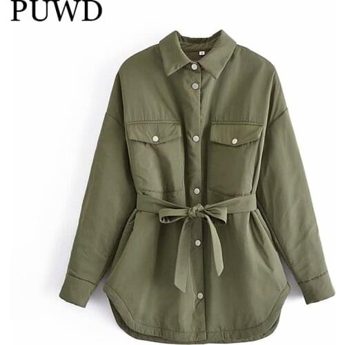PUWD Retro Women Belted Cotton Jacket 2021Autumn/Winter Fashion Lapel Mid-length Solid Color Leisure Loose Trendy Female Outwear