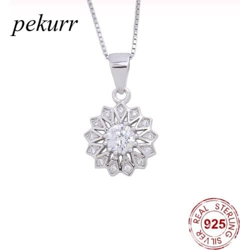 Pekurr 925 Sterling Silver Hollow Clove Zircon Flower Female Pendants Round Boho Necklaces For Women Long Chain Fashion Jewelry