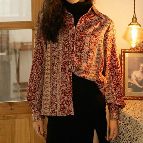 Vintage Floral Shirts Women 2021 Red Long Sleeve Button Up Shirt Ladies Top Lantern Sleeve Blouse Korean Clothes