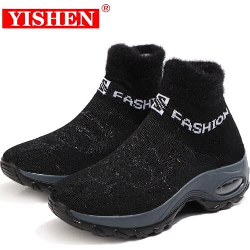 YISHEN Winter Women Boots High Increasing Breathable Mesh Sock Shoes Fitness Outdoor Sport Black Ladies Sneakers Botas Mujer