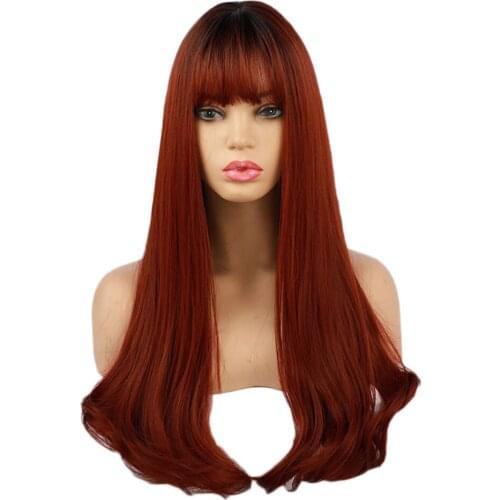 26'' Womens Resist Synthetic Straight Wig With Flat Bangs For Party Costume