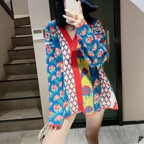 Women Vintage Sweater Cardigan Autumn Winter 2021 Fashion V-Neck Casual Luxury Colorful Flower Christmas Clothes Knitted Outwear