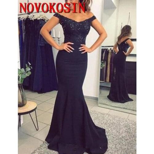 Navy Blue 2019 Mermaid Prom Dresses Off Shoulder Satin Sequined Beaded Lace Applique Sweep Train Zipper Back Long Evening Party